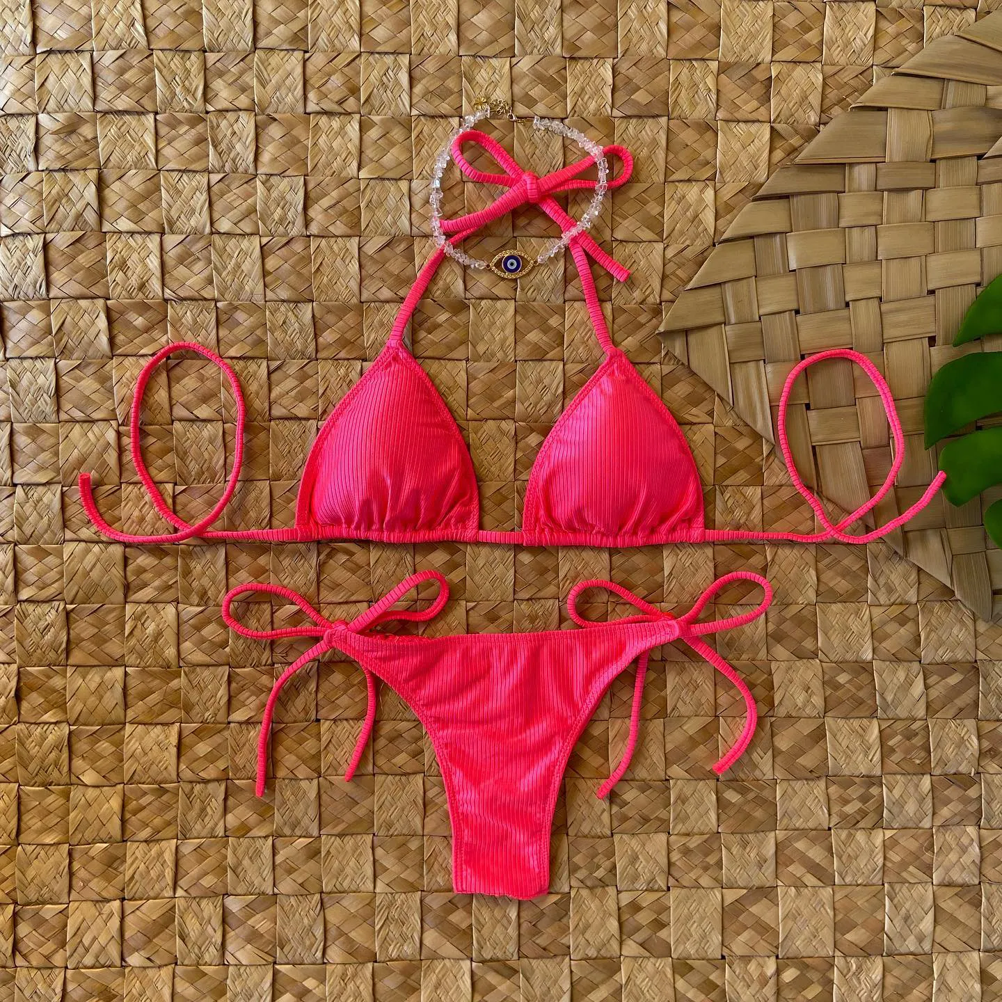 Fashion solid color suspender split swimsuit