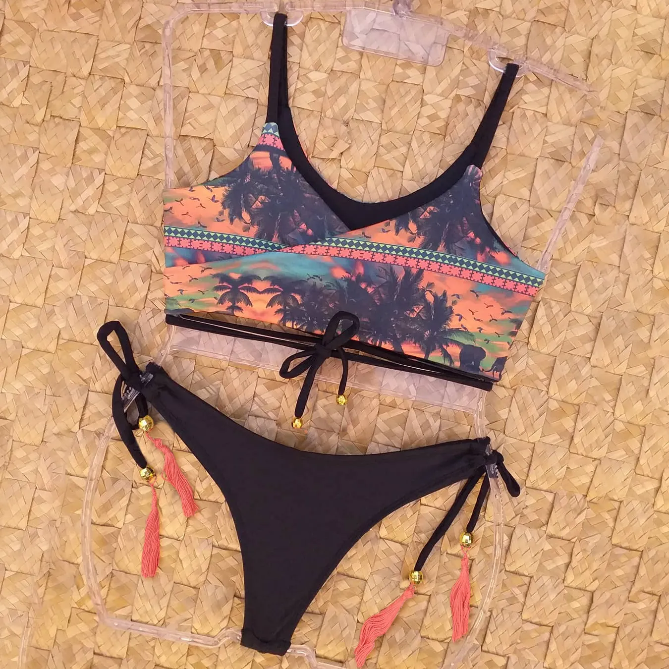 Fashionable resort style coconut tree split swimsuit