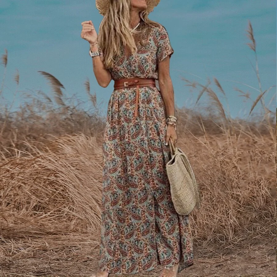V-Neck Printed Loose Dress